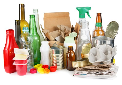 A collection of various discarded household items arranged on a surface, including plastic bottles, glass bottles, aluminum cans, paper and cardboard packaging, paper towels, and small plastic containers, all with different colours and textures. The background appears plain or neutral. The items are loosely grouped together, some upright and others leaning or stacked, with the waste material showing signs of crumpling, crushing, or flattening, typical of rubbish awaiting collection. The presence of paper and packaging materials suggests they are waste from domestic environments. The image emphasizes waste separation and disposal activities, consistent with rubbish removal services provided by Leyton House Clearance in the Leyton area. The natural lighting highlights the variety of materials and colors, reinforcing an environment in need of professional clearance. This detailed visual focus aims to support local SEO relevance for rubbish disposal services in Leyton, highlighting the types of waste typically managed in household clearance tasks.